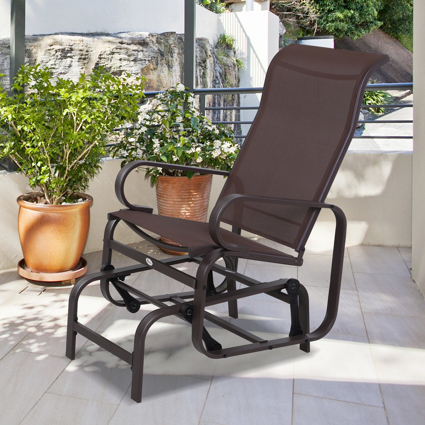 Outdoor Gliding Rocking Chair with Sturdy Metal Frame Garden Comfortable Swing Chair for Patio, Backyard and Poolside, Brown