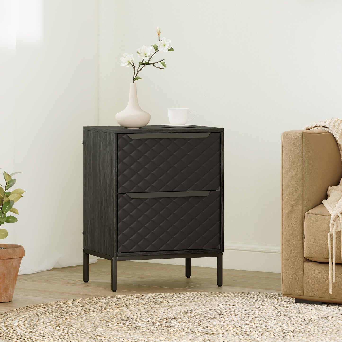 Chest of Drawers, 2 Fabric Drawer Dresser, Aluminium Handles, Black