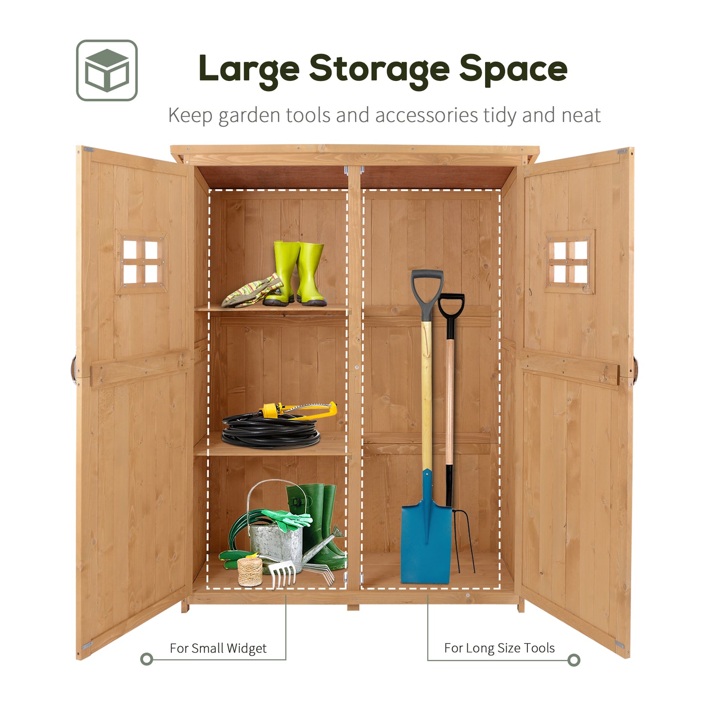 Wooden Garden Storage Shed Tool Cabinet Organiser with Shelves, Two Windows- Natural