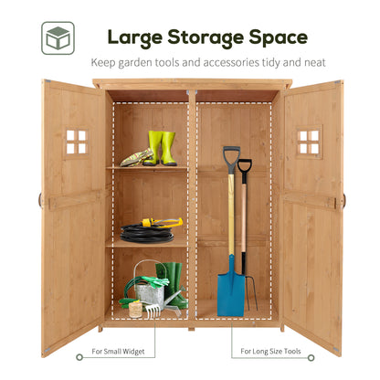 Wooden Garden Storage Shed Tool Cabinet Organiser with Shelves, Two Windows- Natural