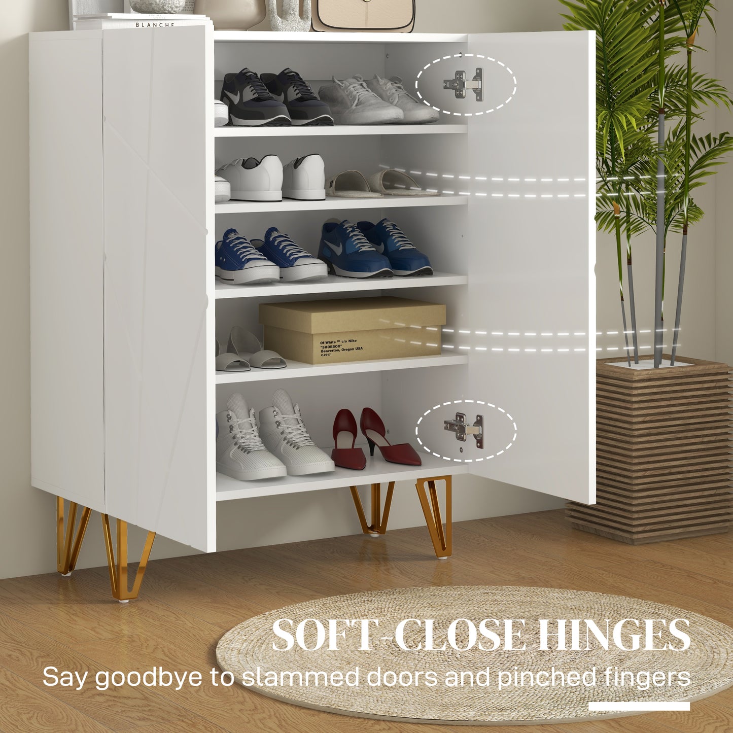 Shoe Storage Cabinet with Soft-Close Hinges and Adjust Shelves, White