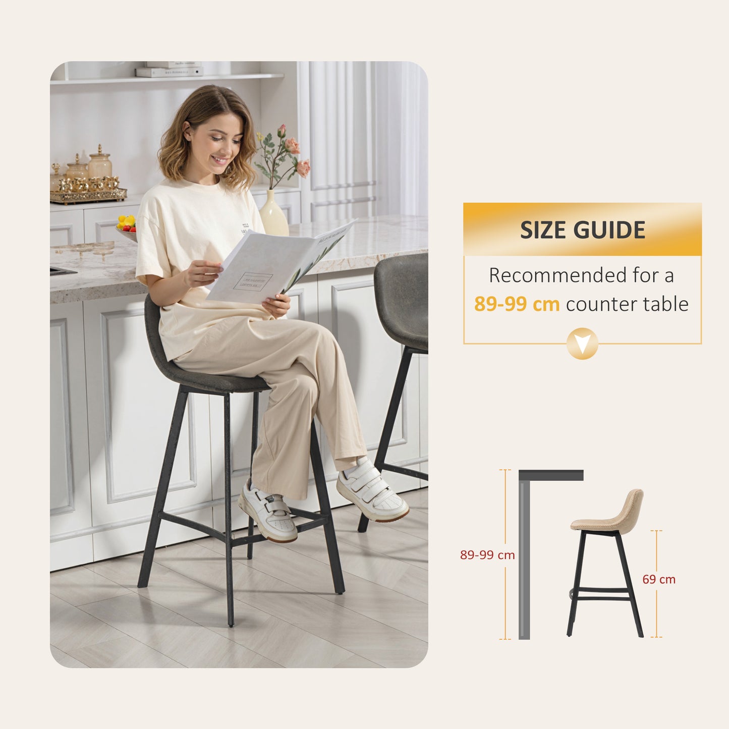 Bar Stools Set of 2, Bar Chairs with Back and Steel Legs, Grey