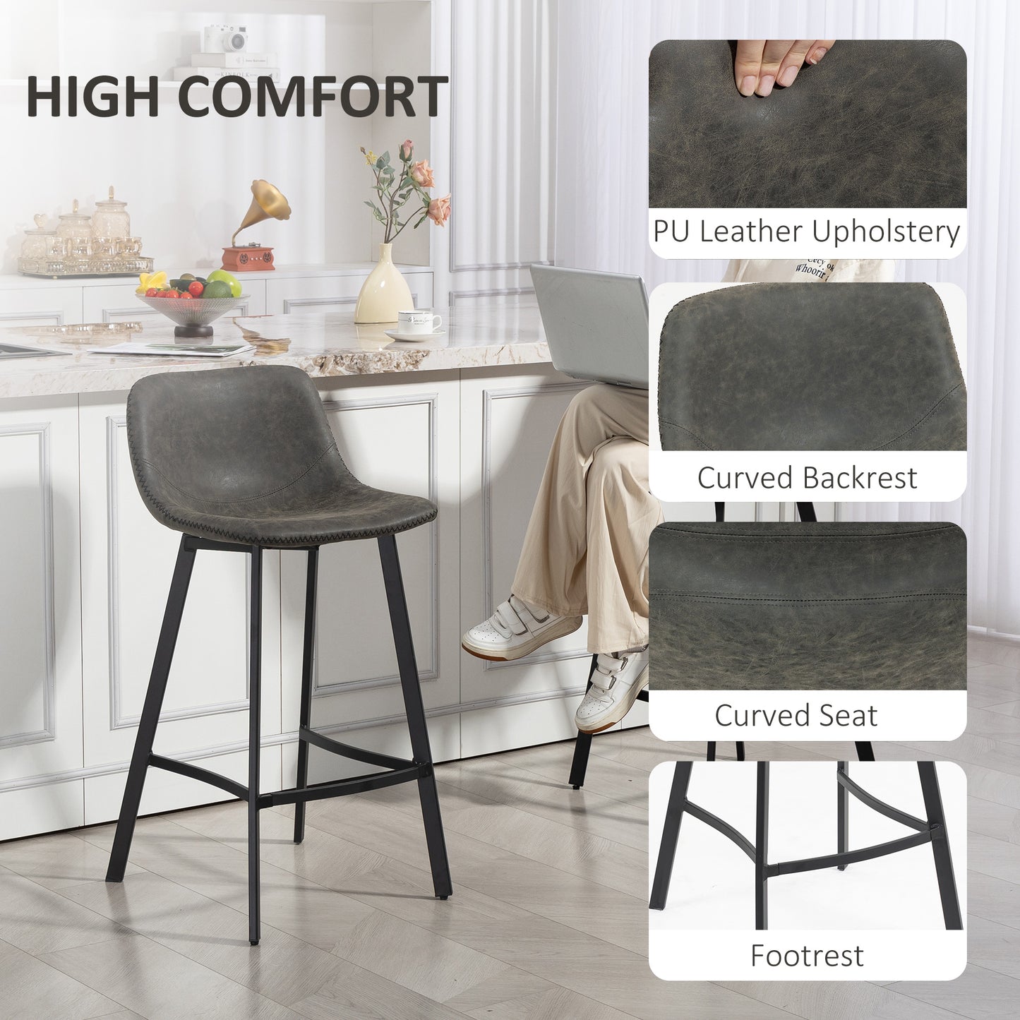 Bar Stools Set of 2, Bar Chairs with Back and Steel Legs, Grey
