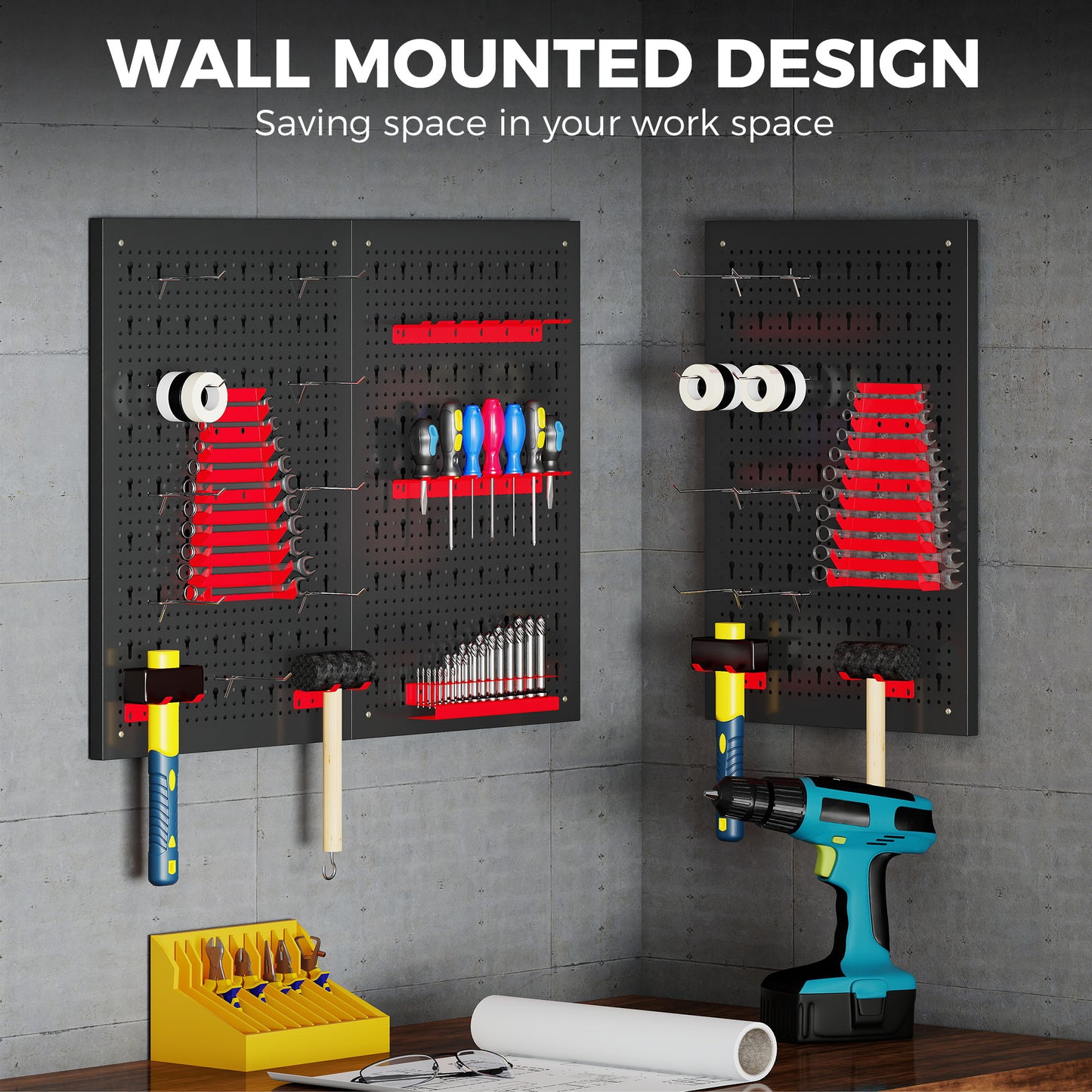 28 Pcs Wall-Mounted Pegboard with Hooks and Storage Shelves, 3 Panels Set Garage DIY Storage Unit Black and Red