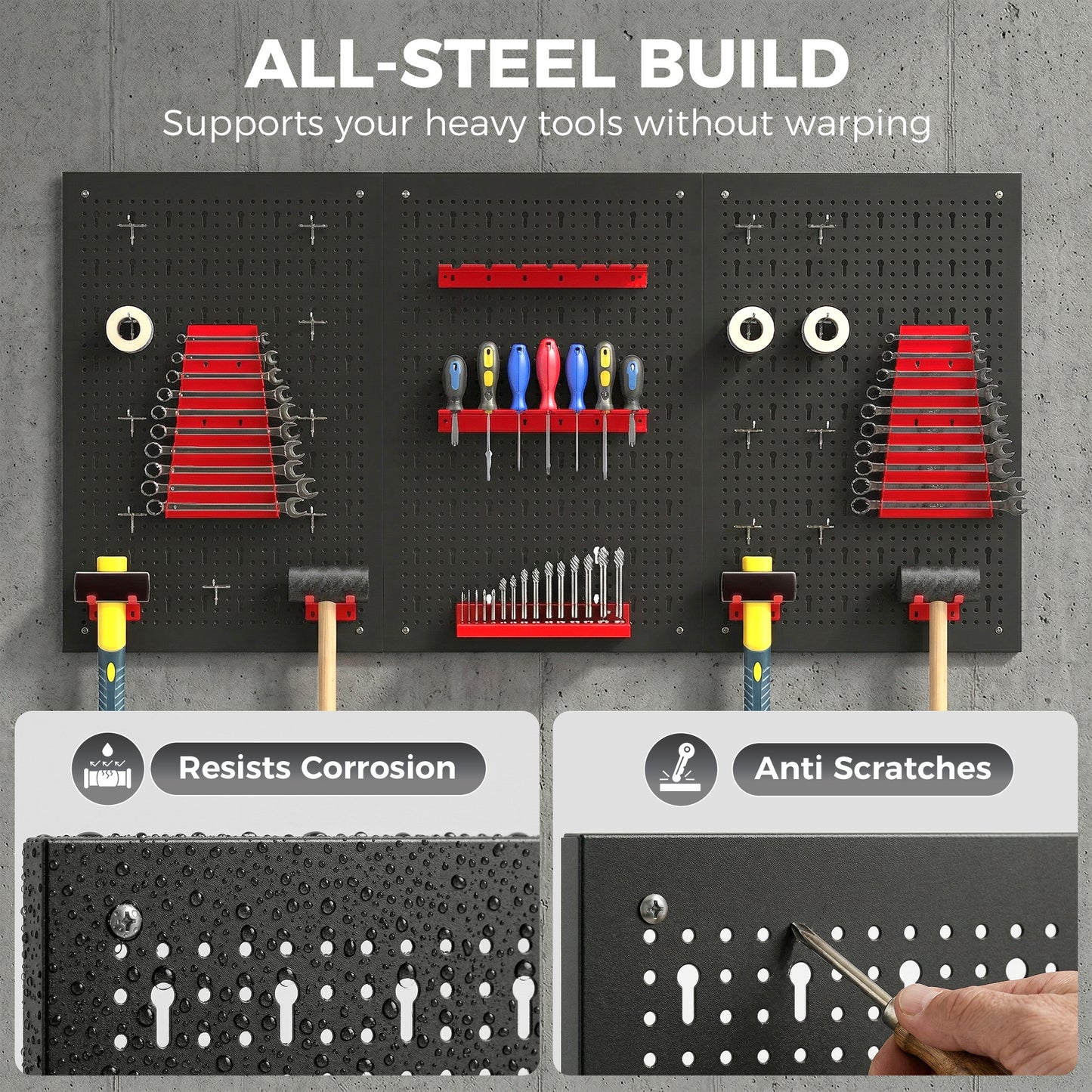 28 Pcs Wall-Mounted Pegboard with Hooks and Storage Shelves, 3 Panels Set Garage DIY Storage Unit Black and Red
