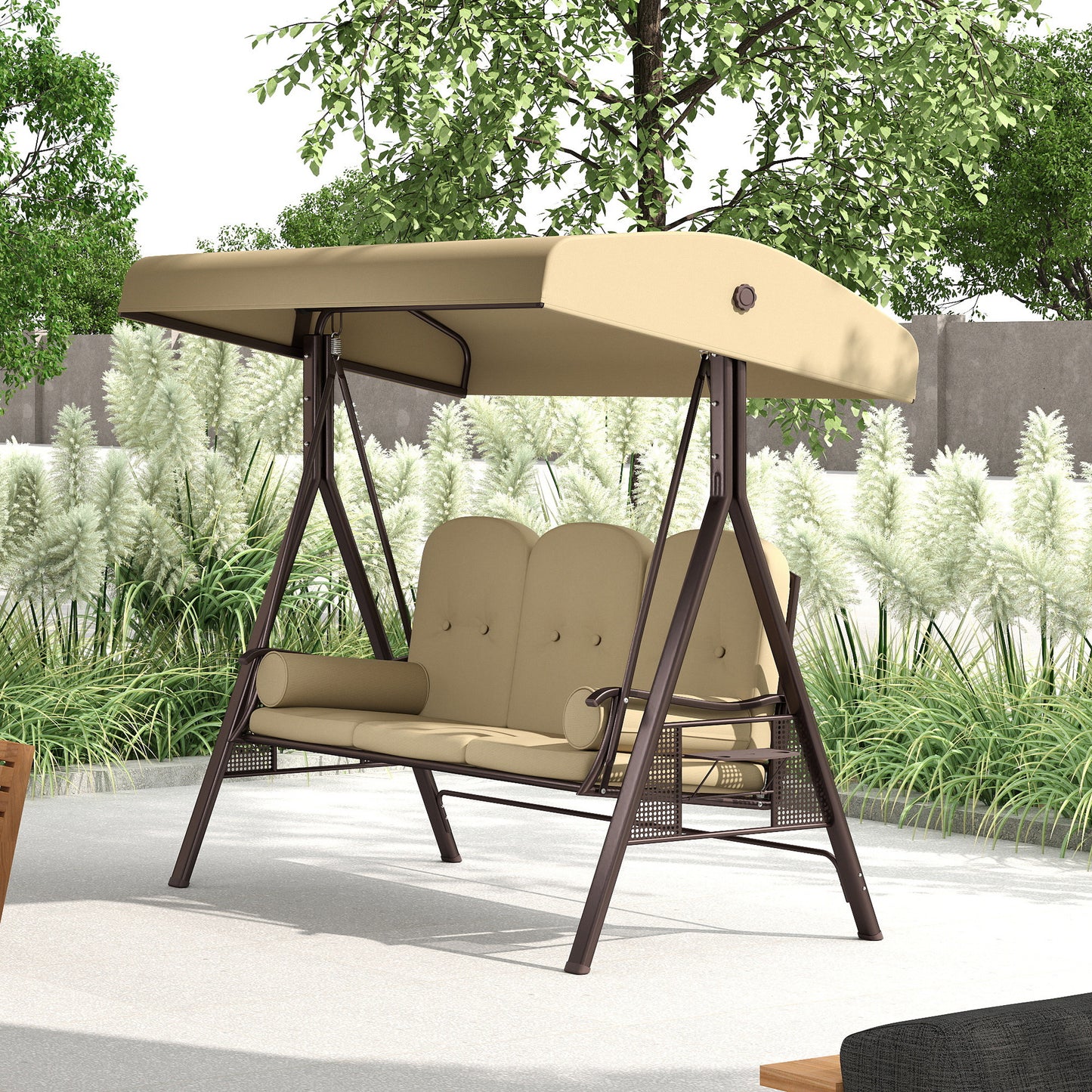 3 Seater Garden Swing Chair Patio Swing Bench w/ Cup Trays Brown