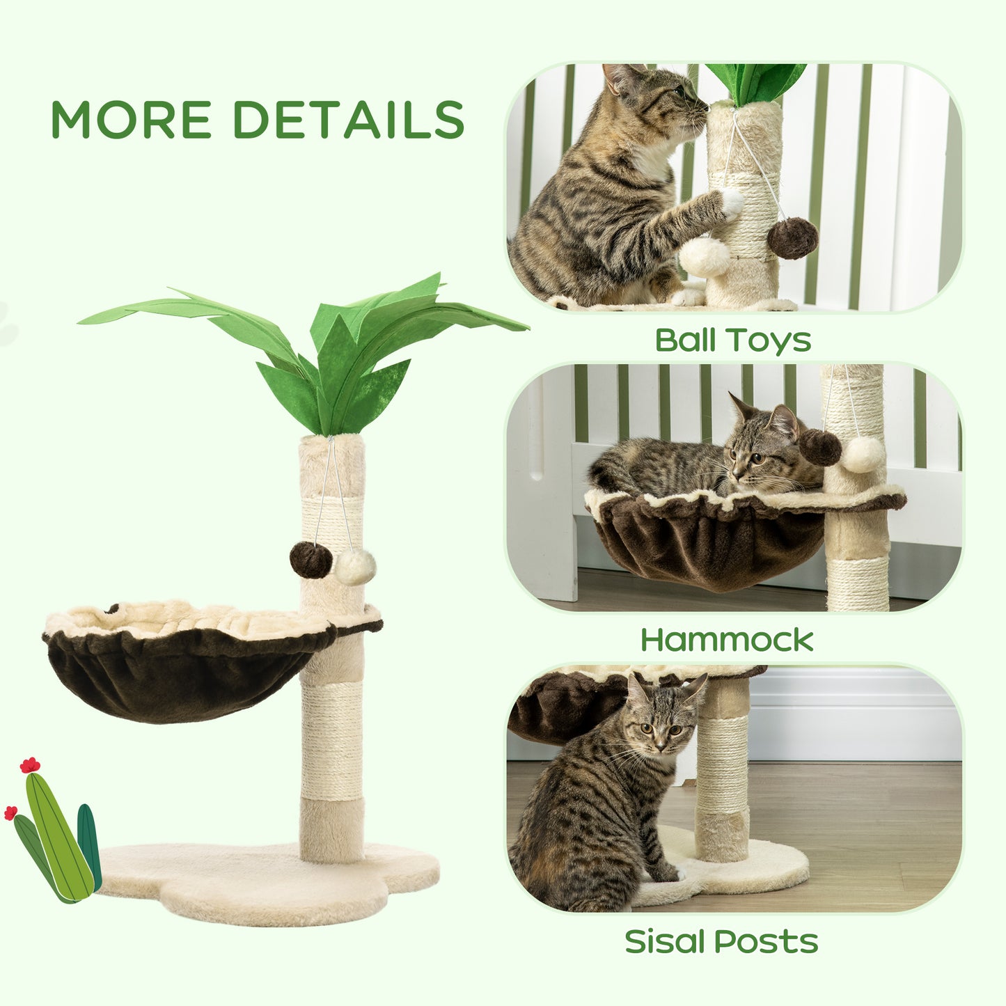 68cm Cat Tower Palm Tree Shaped Cat Tree w/ Hammock - Beige