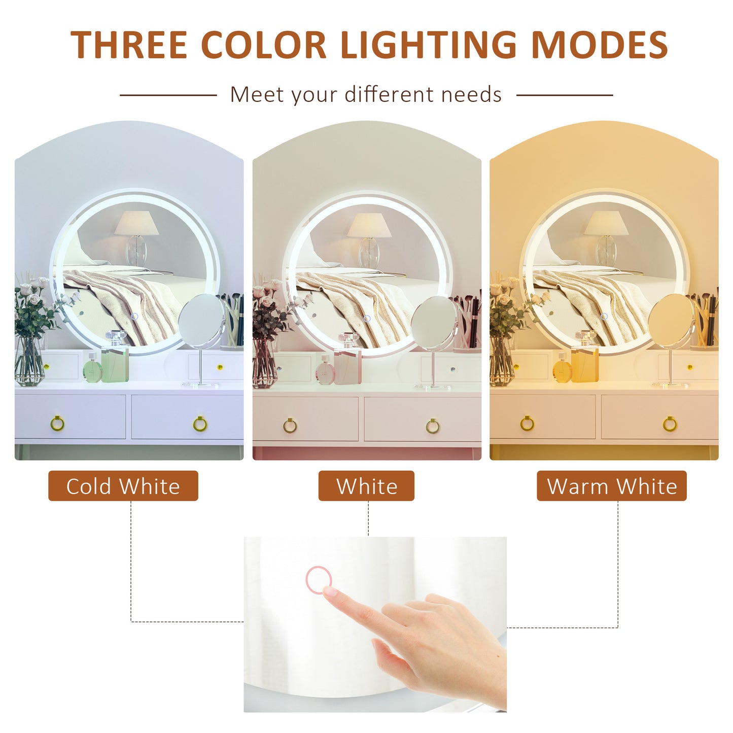 Dressing Table Set with Mirror, Built-in 3 Color LED Light, Vanity Makeup Table with 4 Drawers and Cushioned Stool for Bedroom, White