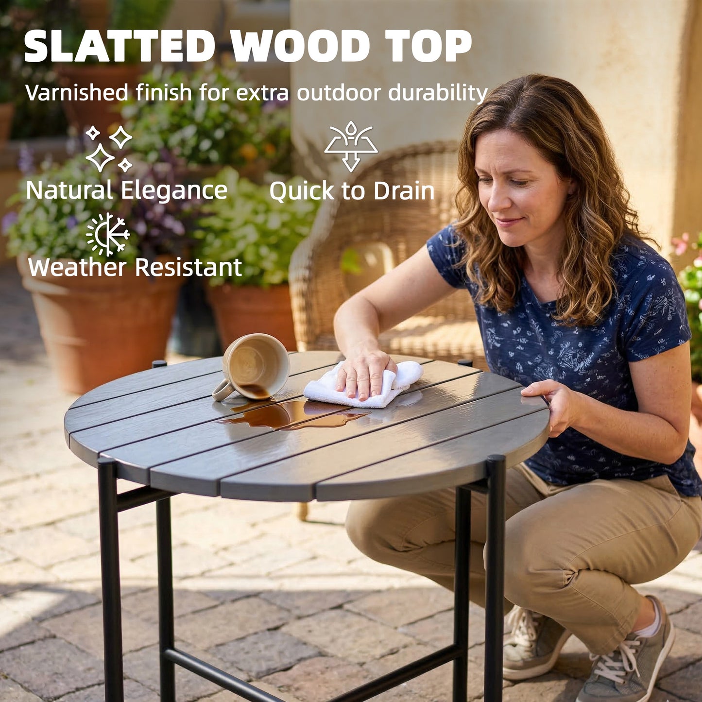 54 cm Round Garden Table, Slatted Wood Top Outdoor Table, Dark Grey