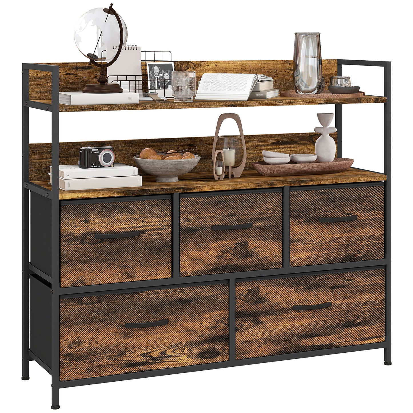 Bedroom Chest of Drawers 5 Drawer Dresser w/ Shelves, Rustic Brown