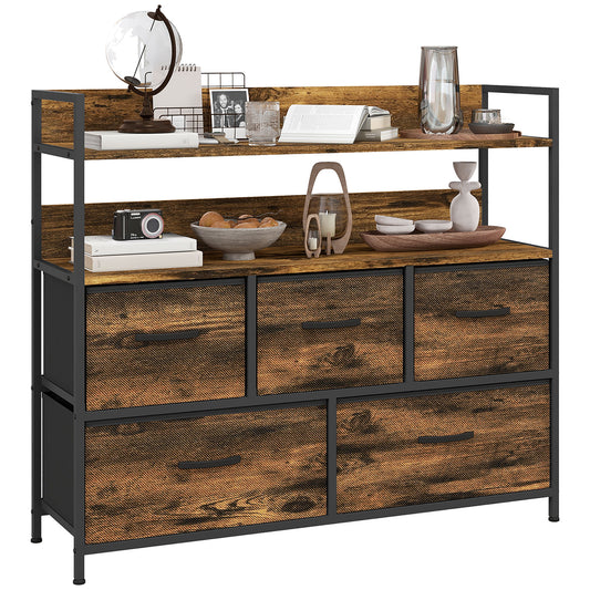 Bedroom Chest of Drawers 5 Drawer Dresser w/ Shelves, Rustic Brown