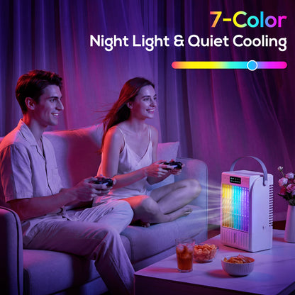 4-in-1 Mini Air Cooler with RGB 7 LED Light, Cooling Fan, White