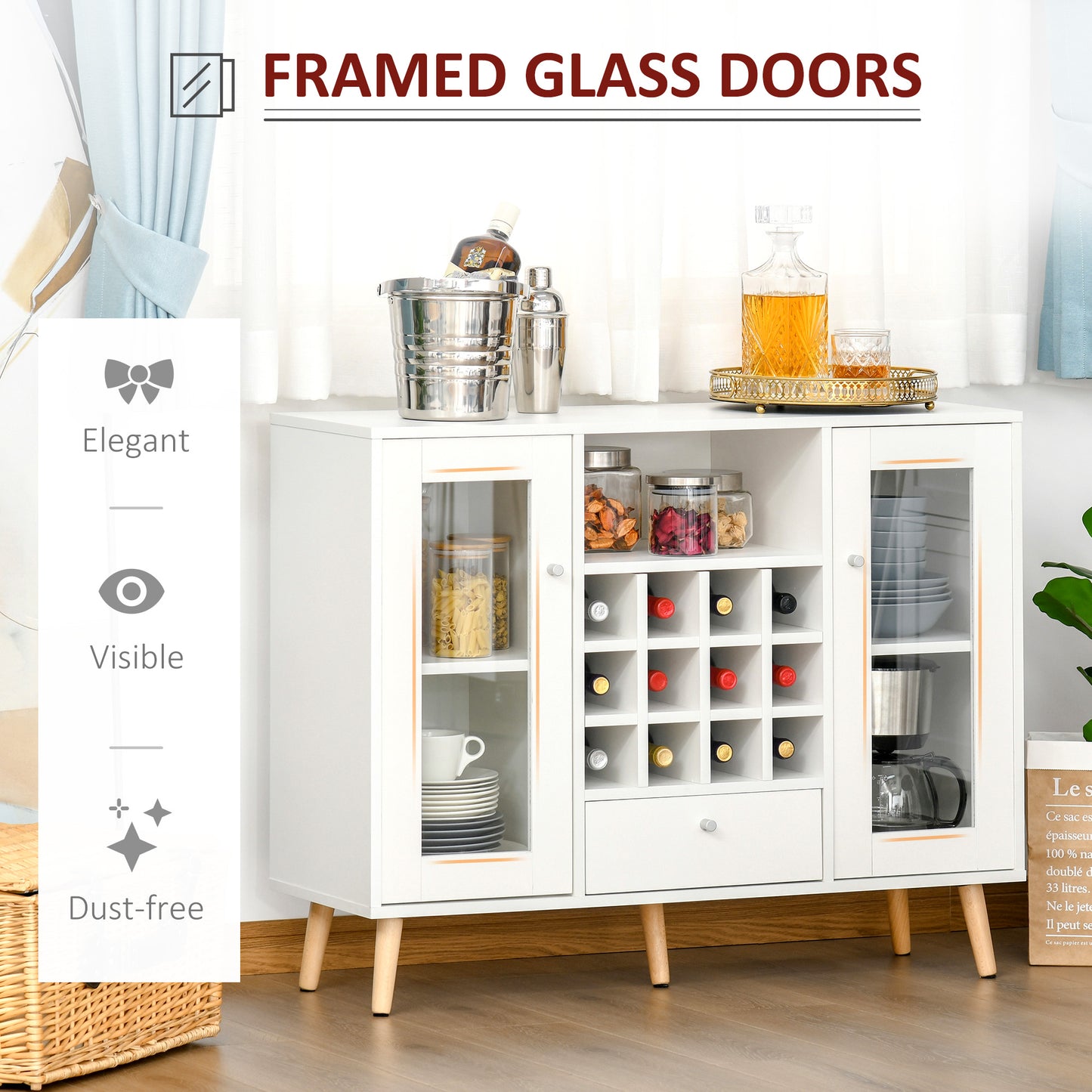 Sideboard Cabinet Kitchen Cupboard with Glass Doors, Drawer & Wine Rack