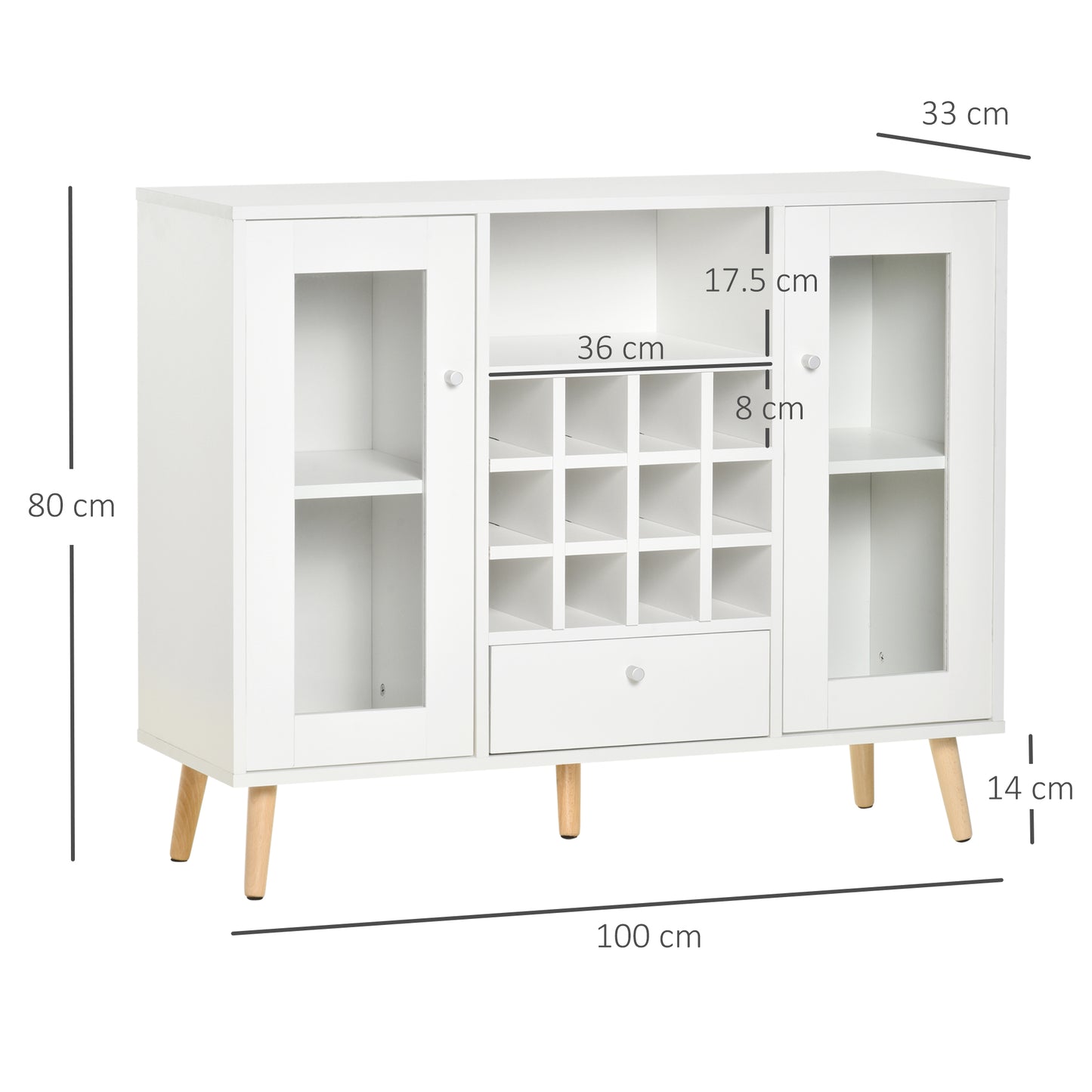 Sideboard Cabinet Kitchen Cupboard with Glass Doors, Drawer & Wine Rack