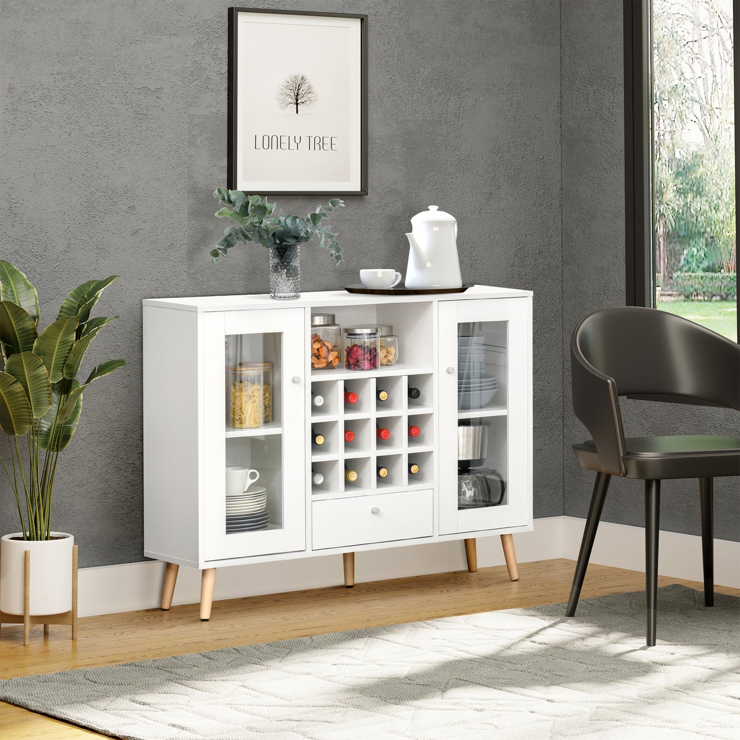 Sideboard Cabinet Kitchen Cupboard with Glass Doors, Drawer & Wine Rack