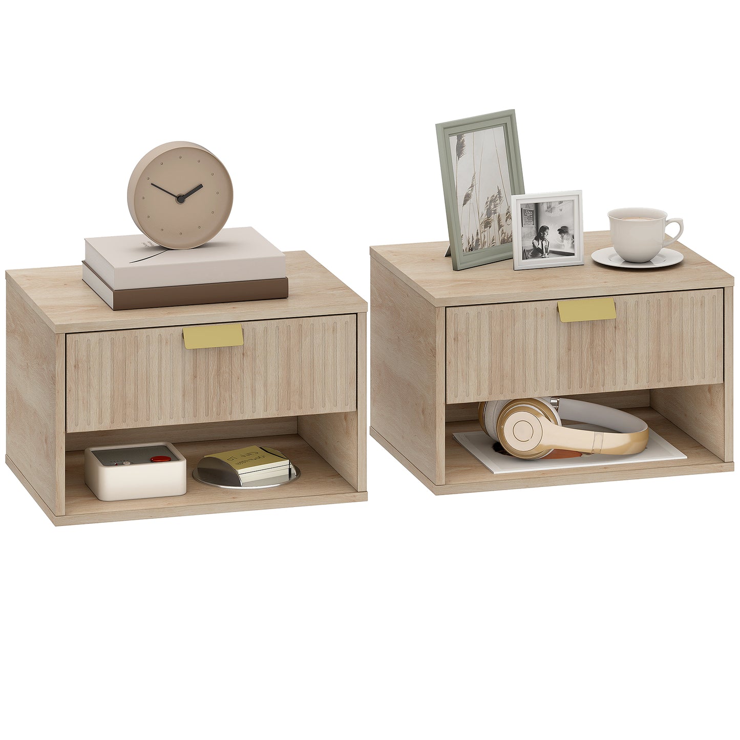 Floating Bedside Tables Set of 2 with Fluted Drawer Open Shelf Oak