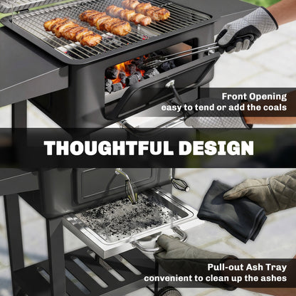 Charcoal BBQ Grill, Large Barbecue Grill Smoker with Wheels, Black