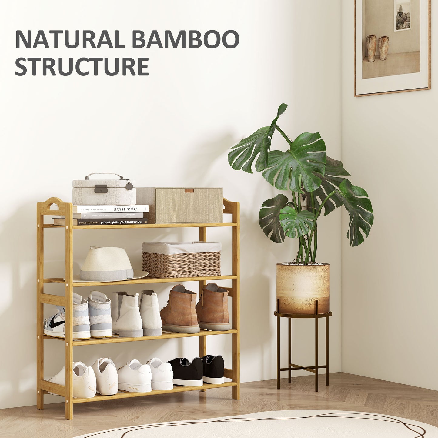 4-Tier Shoe Rack, Bamboo Shoe Shelf Stand, Natural Wood Finish