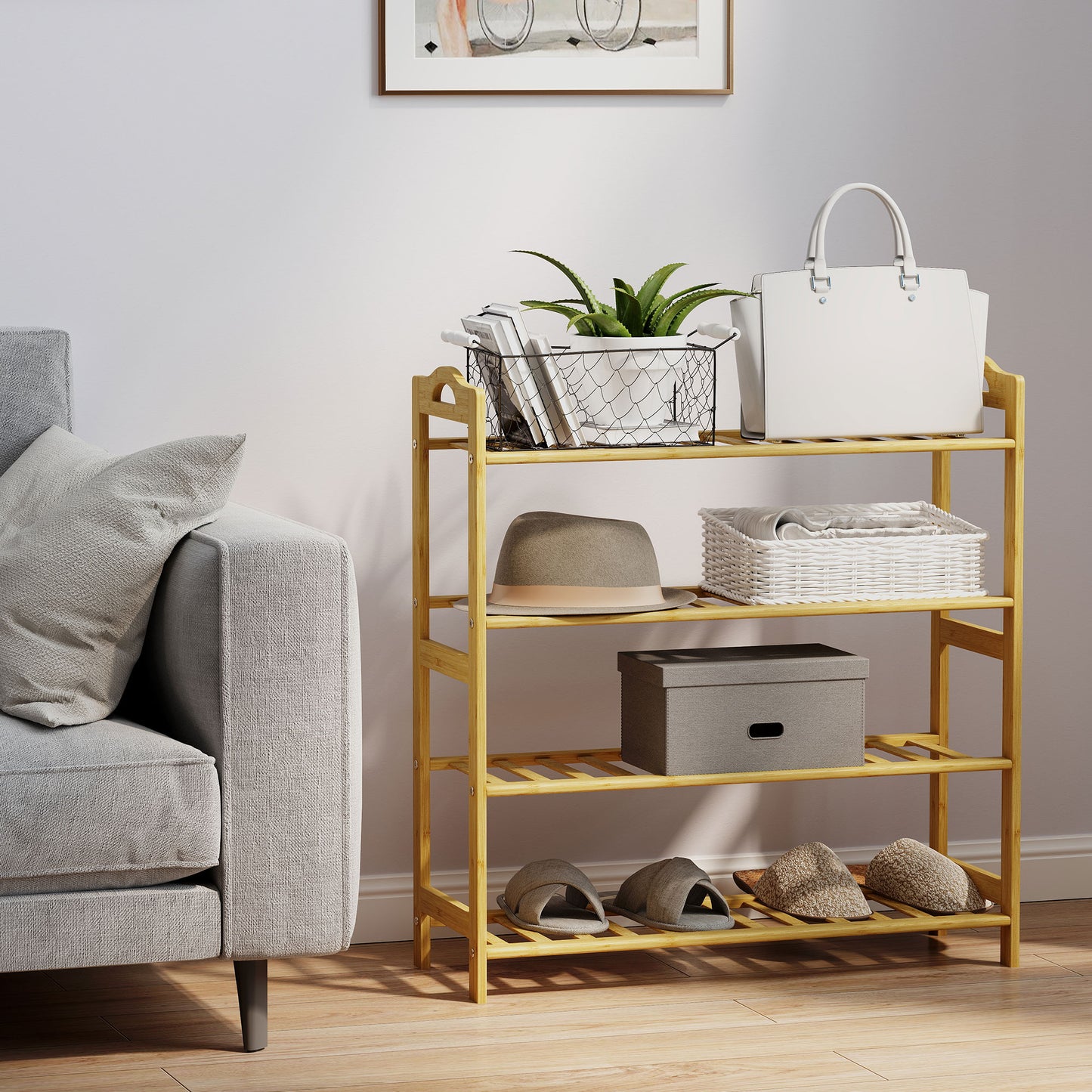 4-Tier Shoe Rack, Bamboo Shoe Shelf Stand, Natural Wood Finish