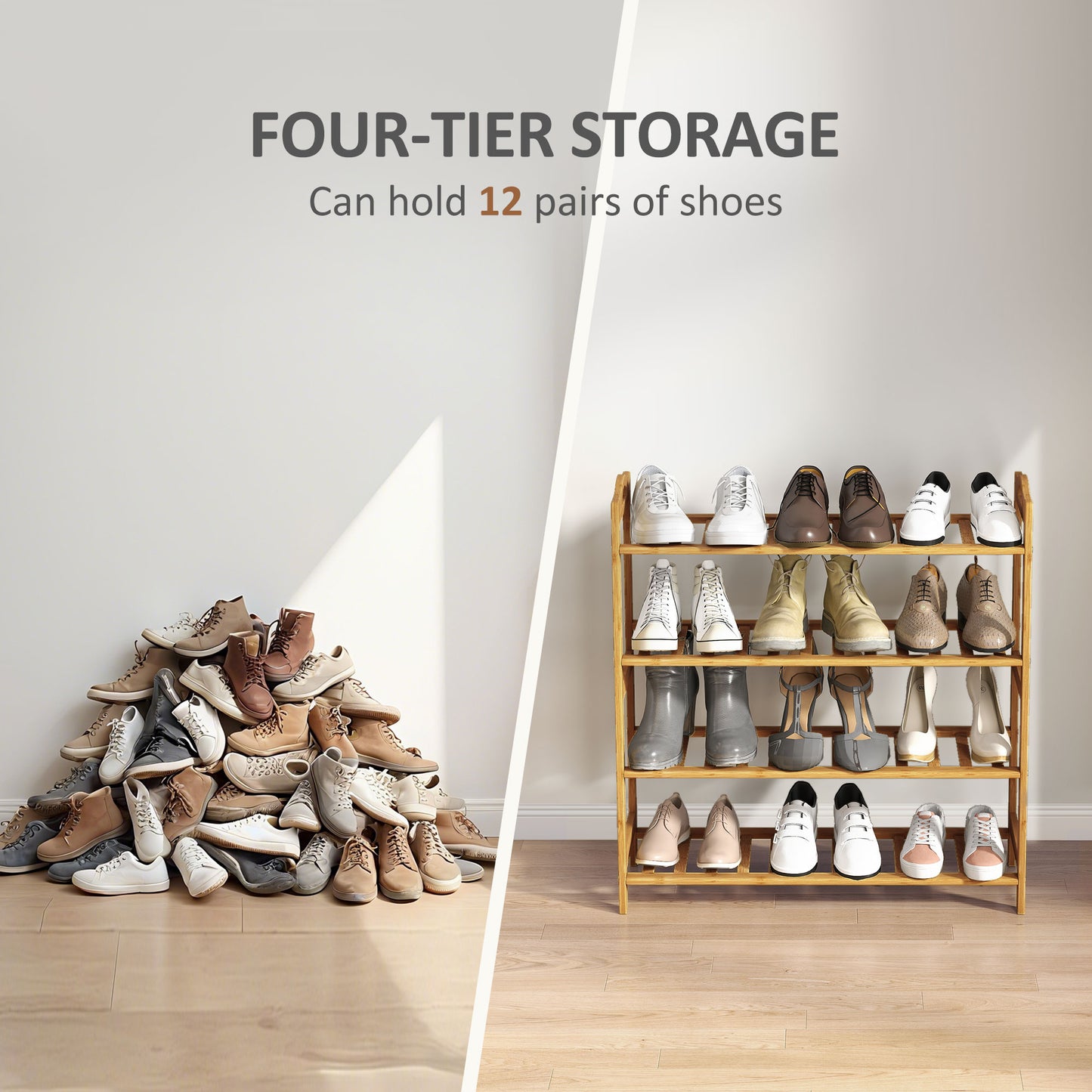 4-Tier Shoe Rack, Bamboo Shoe Shelf Stand, Natural Wood Finish