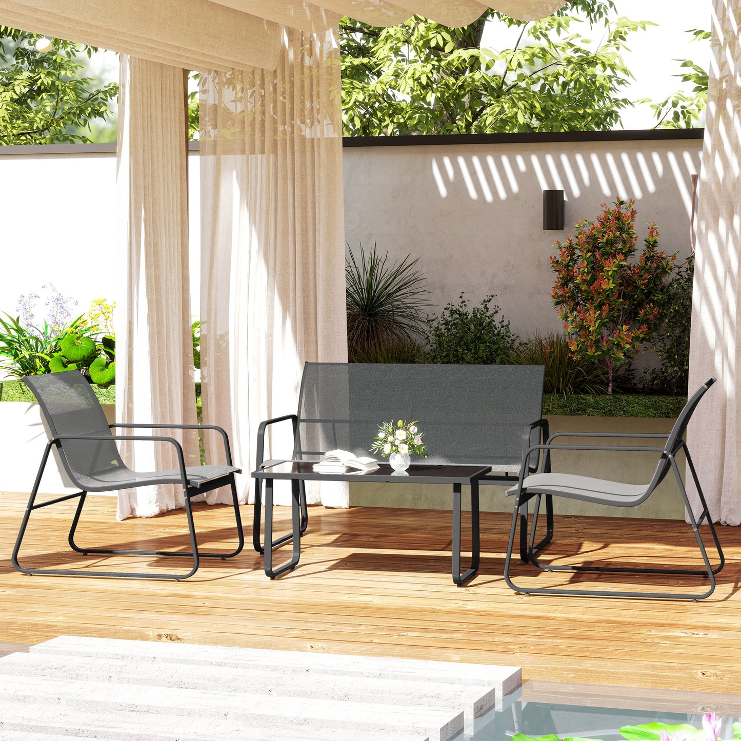 4 Piece Garden Furniture Set Patio Sofa Set w/ Chairs, Glass Top Table