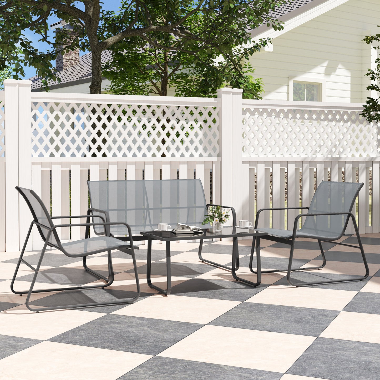 4 Piece Garden Furniture Set Patio Sofa Set w/ Chairs, Glass Top Table