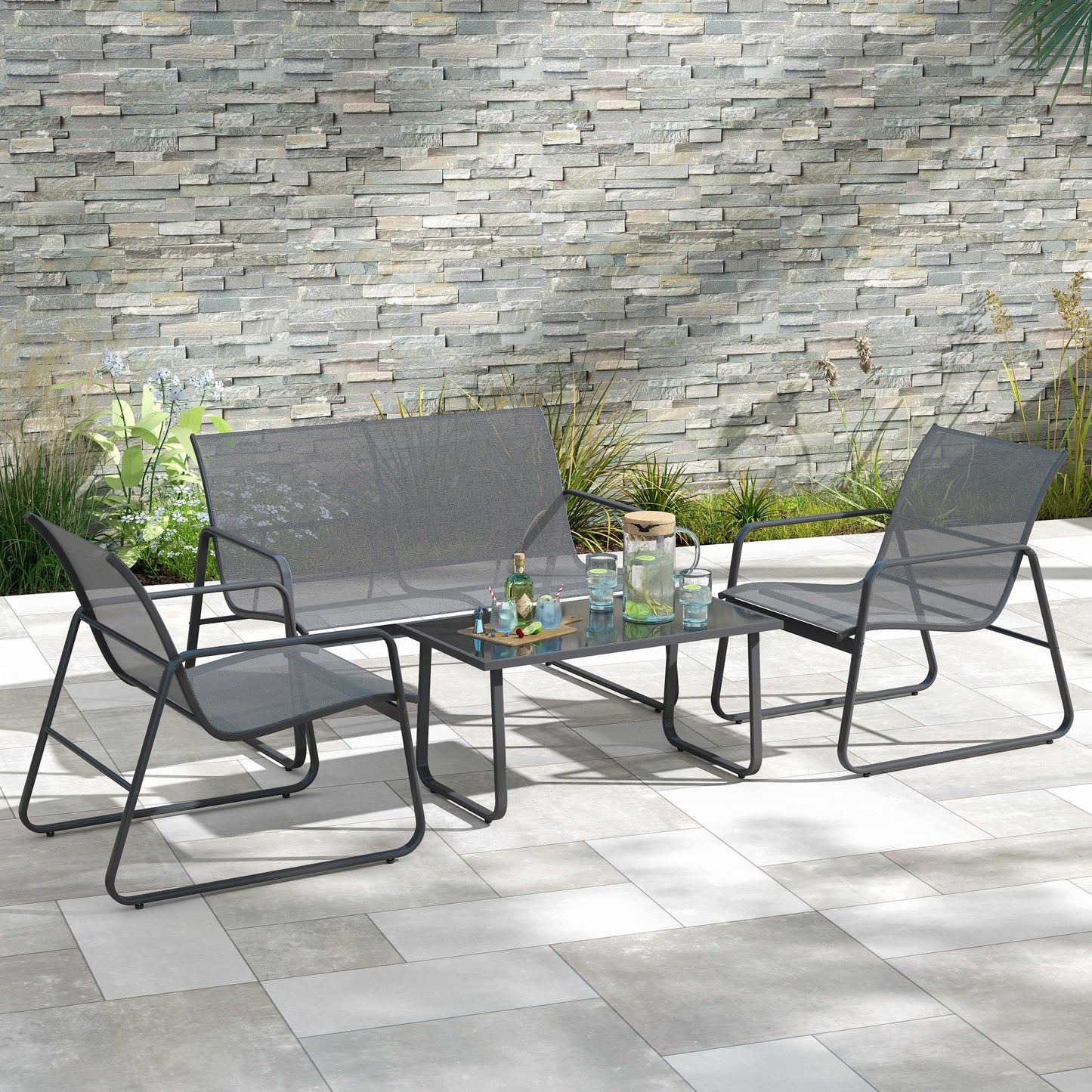 4 Piece Garden Furniture Set Patio Sofa Set w/ Chairs, Glass Top Table