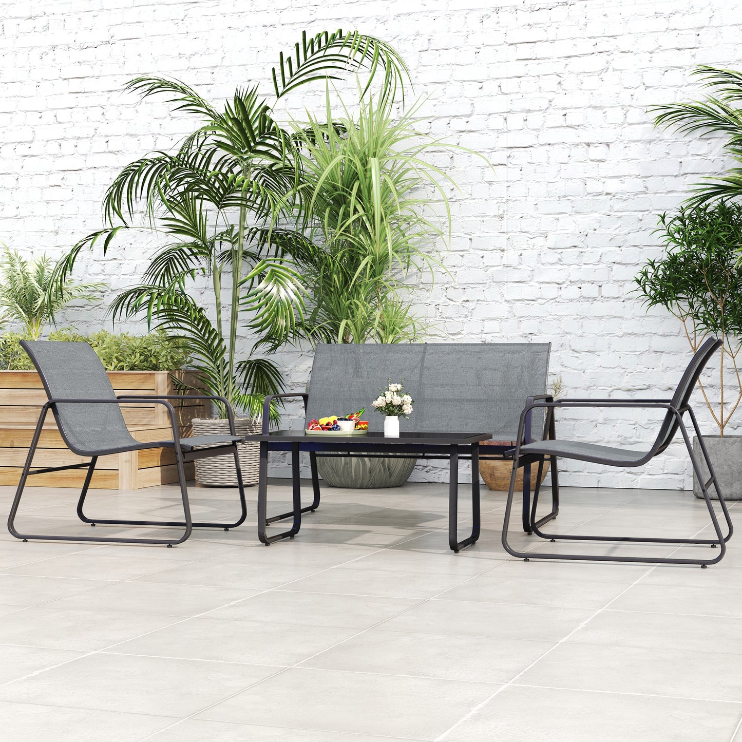 4 Piece Garden Furniture Set Patio Sofa Set w/ Chairs, Glass Top Table