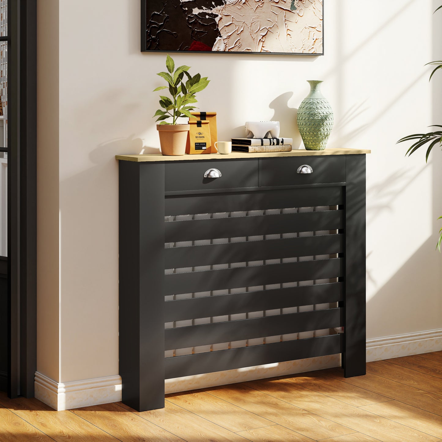 Radiator Cover with Drawer, Horizontal Slat, 111cm, Black
