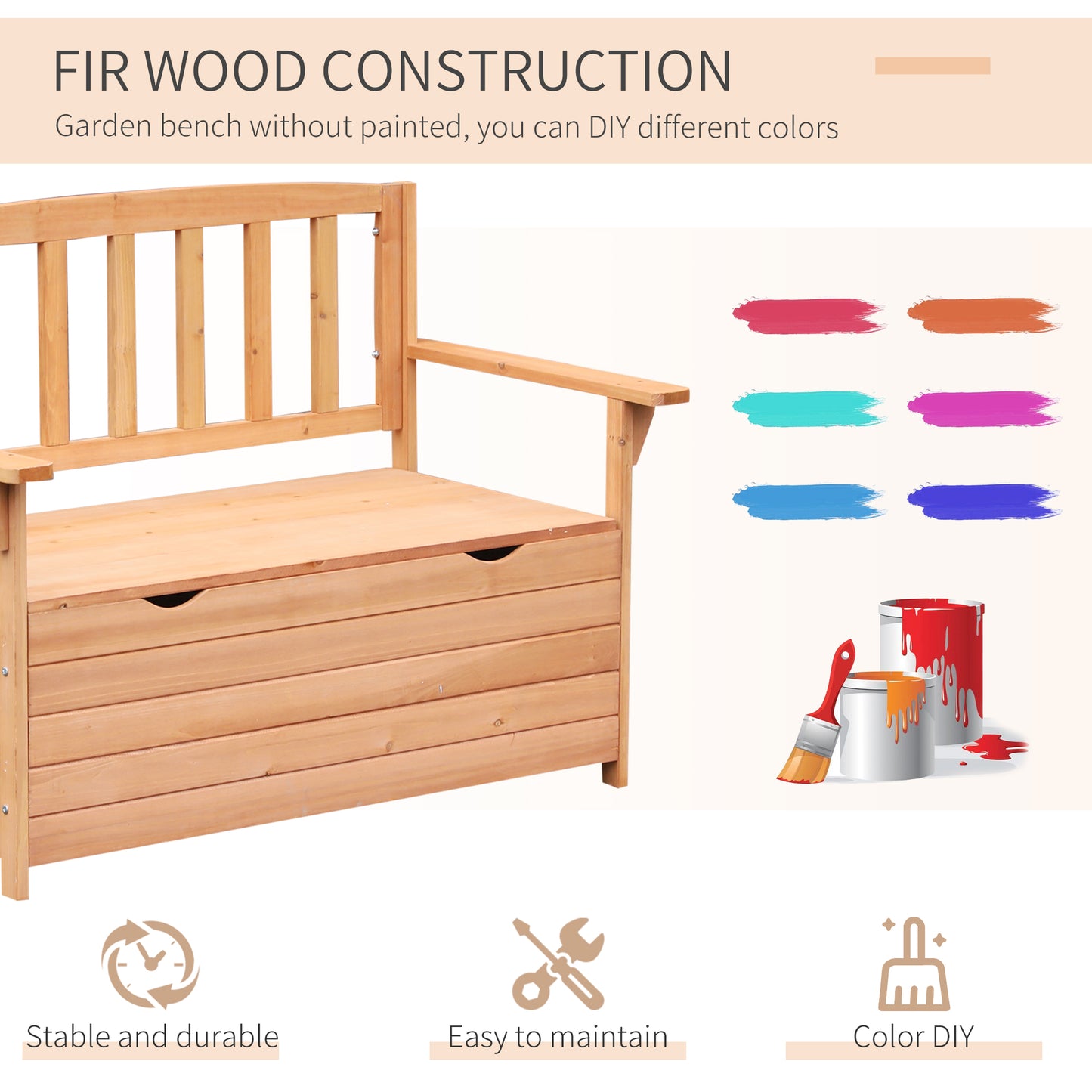 Garden Storage Bench, 2 Seater Fir Wood Outdoor Bench, Natural
