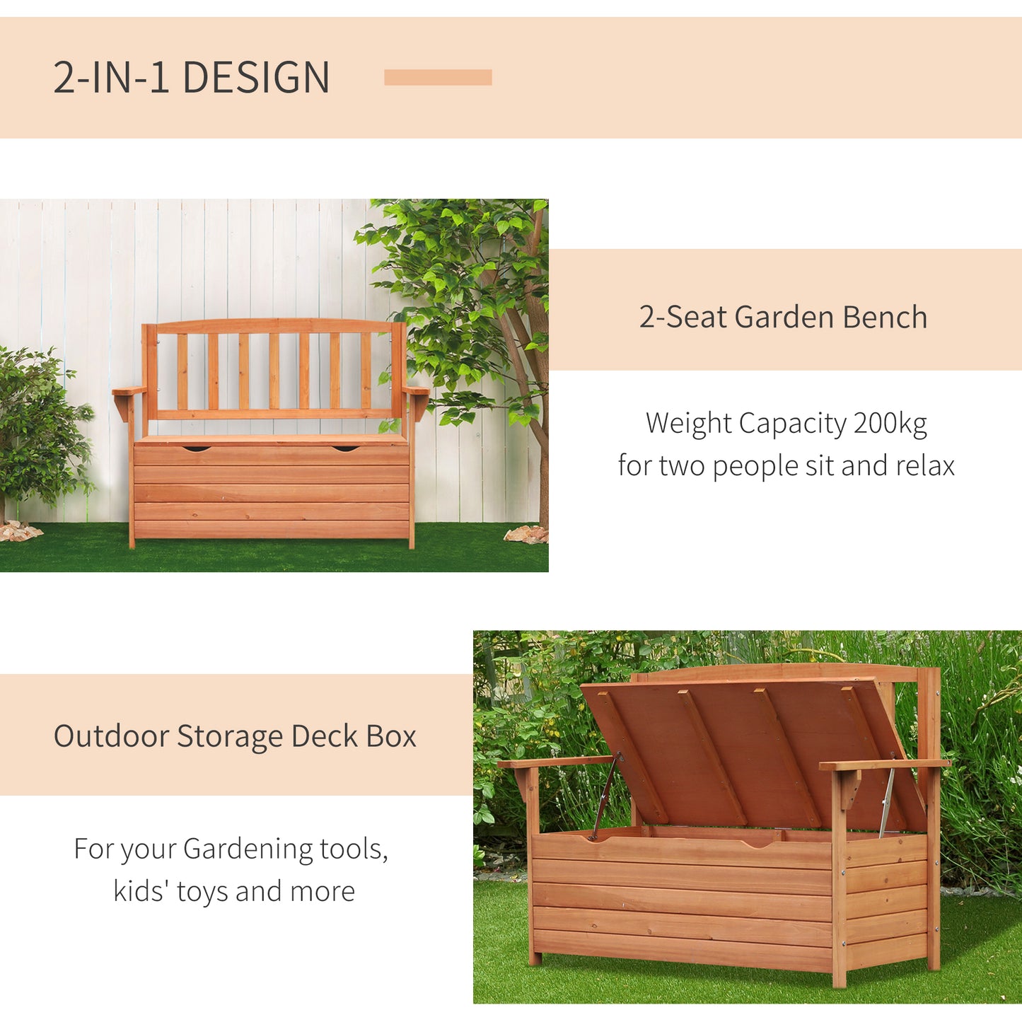 Garden Storage Bench, 2 Seater Fir Wood Outdoor Bench, Natural
