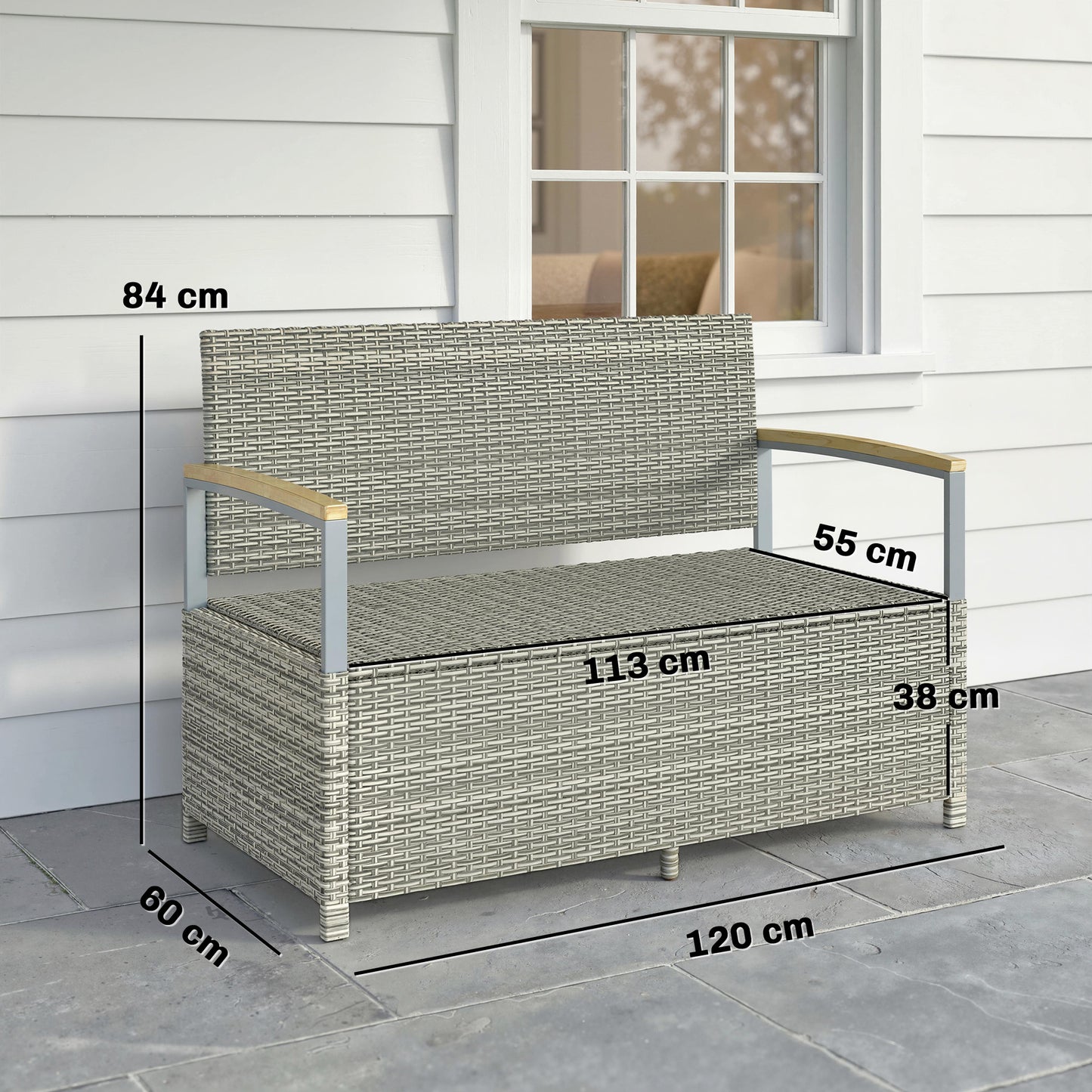 170 L Garden Storage Bench with Zipped Liner, 2 Seater PE Rattan Garden Bench with Storage, Gas Strut, Acacia Wood Top Armrests, Cushion, Patio Outdoor Benches Chest Container, Light Grey