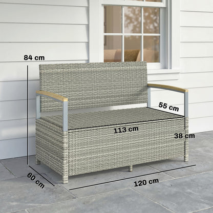 170 L Garden Storage Bench with Zipped Liner, 2 Seater PE Rattan Garden Bench with Storage, Gas Strut, Acacia Wood Top Armrests, Cushion, Patio Outdoor Benches Chest Container, Light Grey