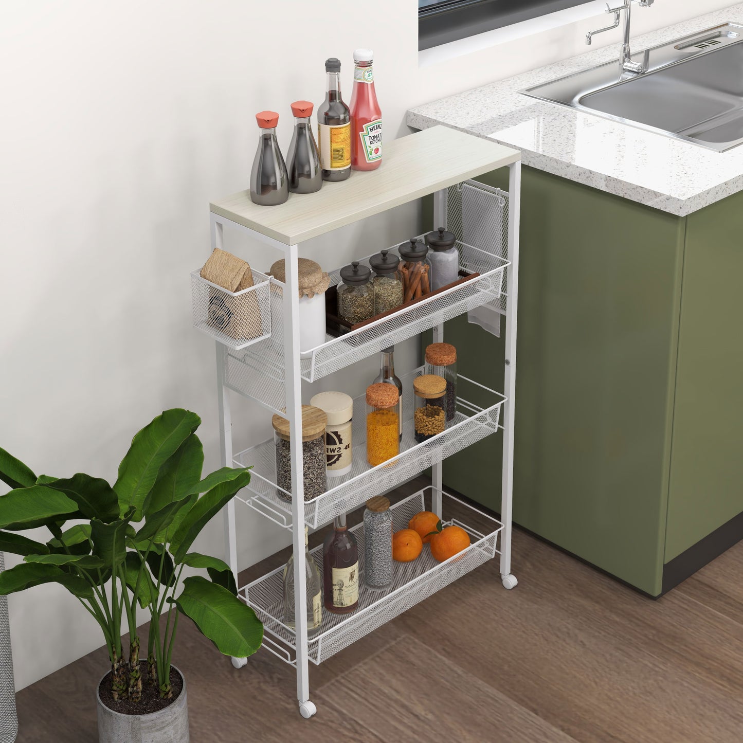 3-Tier Kitchen Cart, Multifunction Kitchen Trolley on Wheels, White