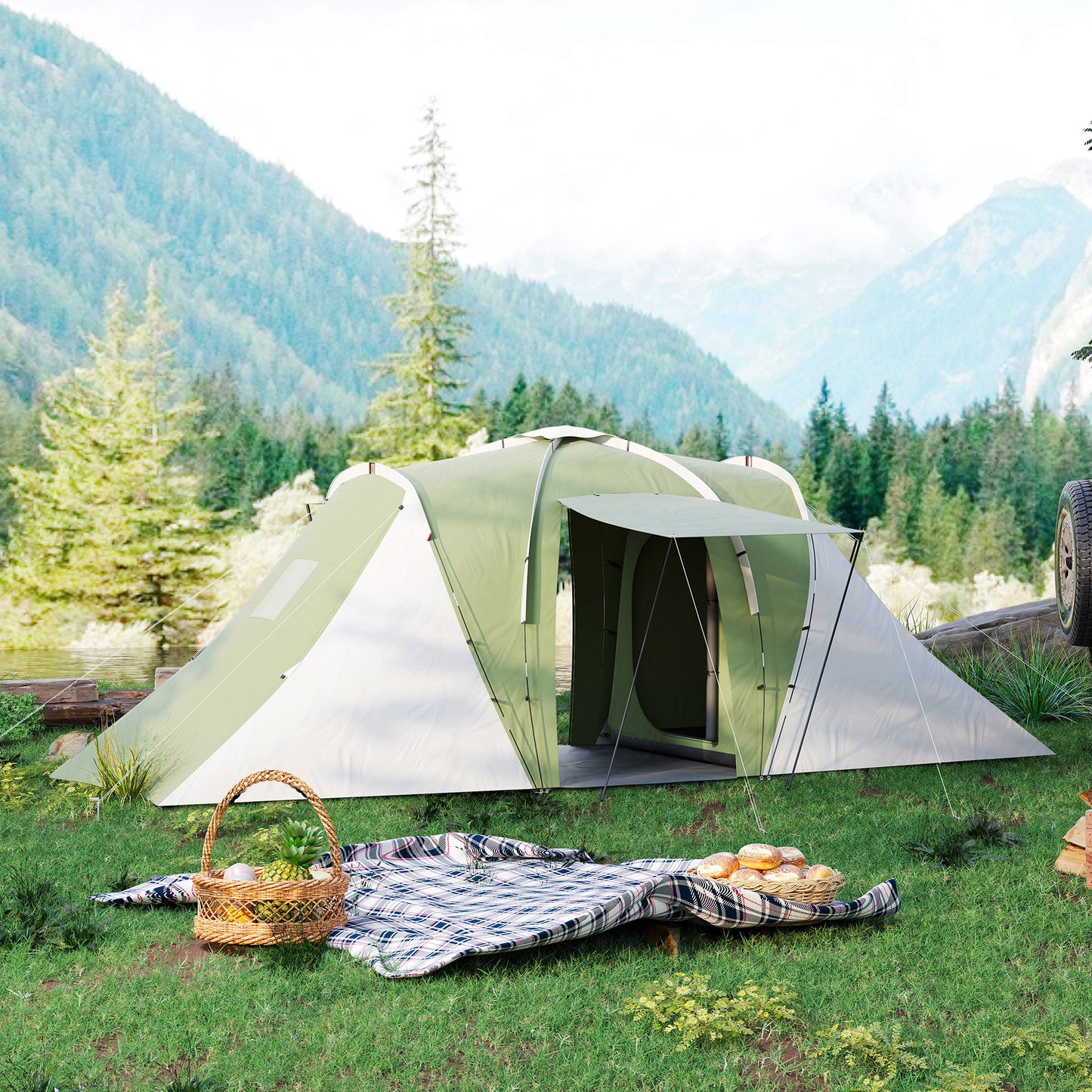 4-6 Man Camping Tent with 2 Bedroom and Living Area, Green, White