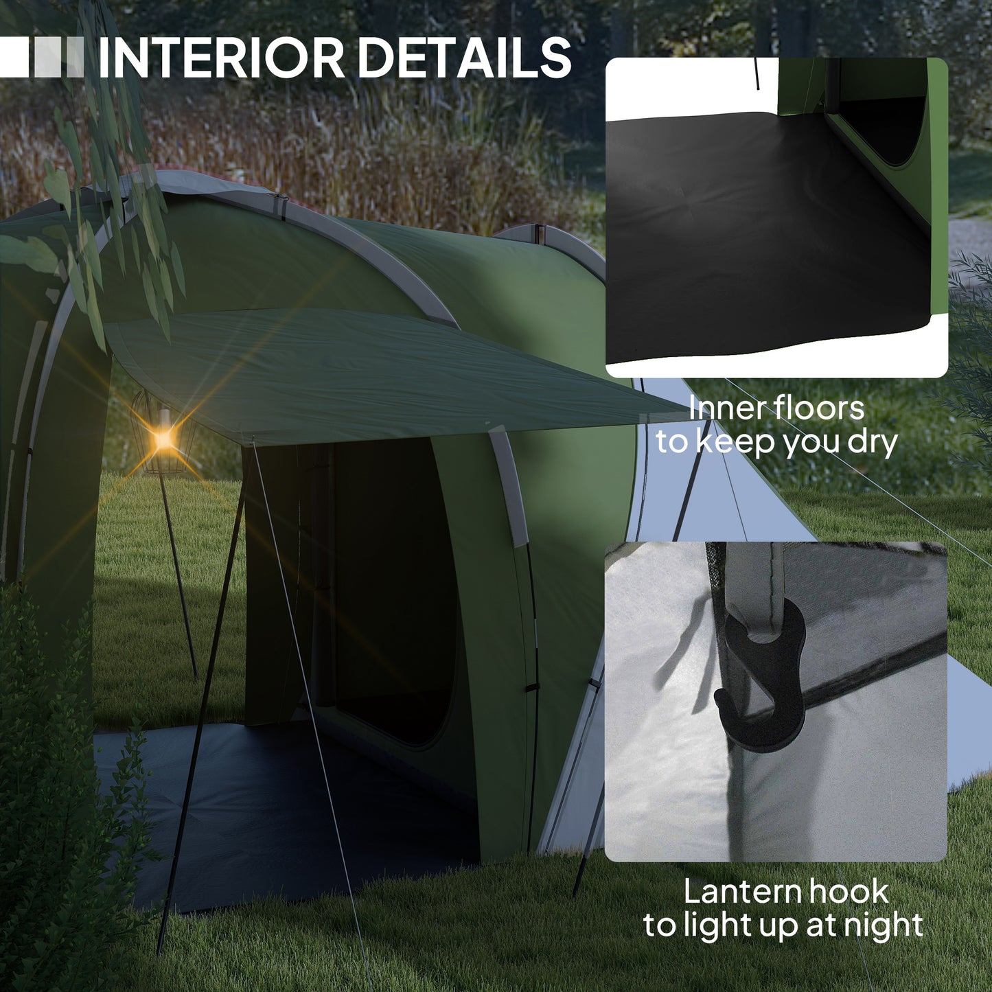 4-6 Man Camping Tent with 2 Bedroom and Living Area, Green, White