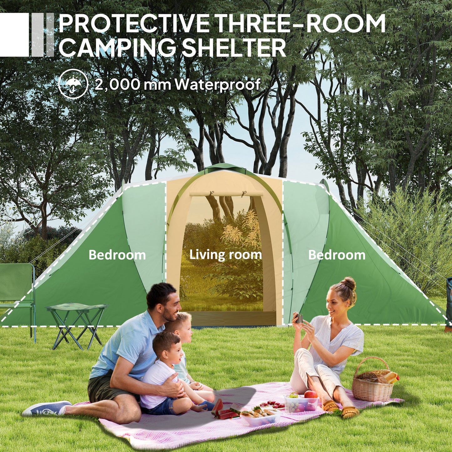 4-6 Man Camping Tent with 2 Bedroom and Living Area, Green, White