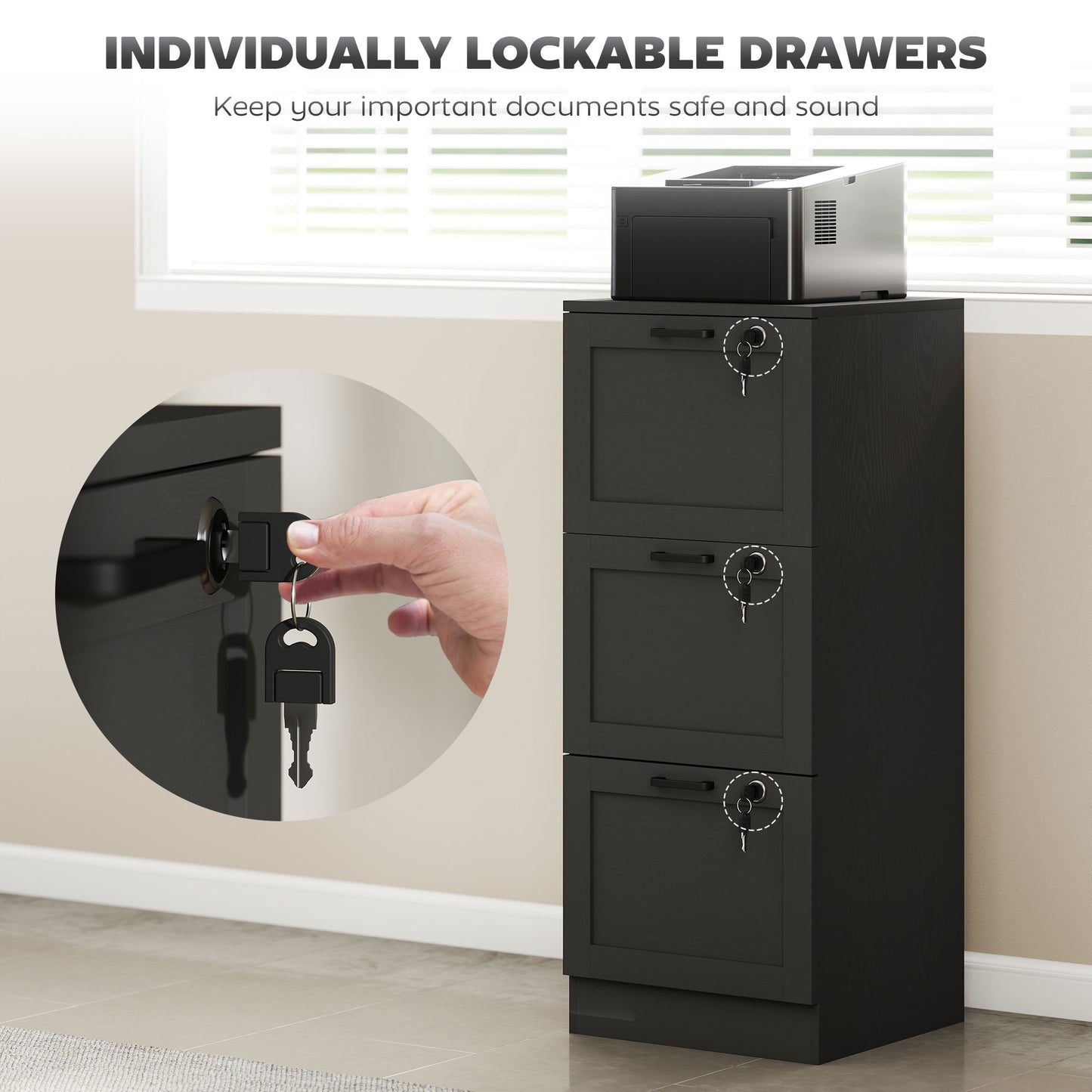 3-Drawer File Cabinet, Lockable Filing Cabinet for A4 Letter, Black
