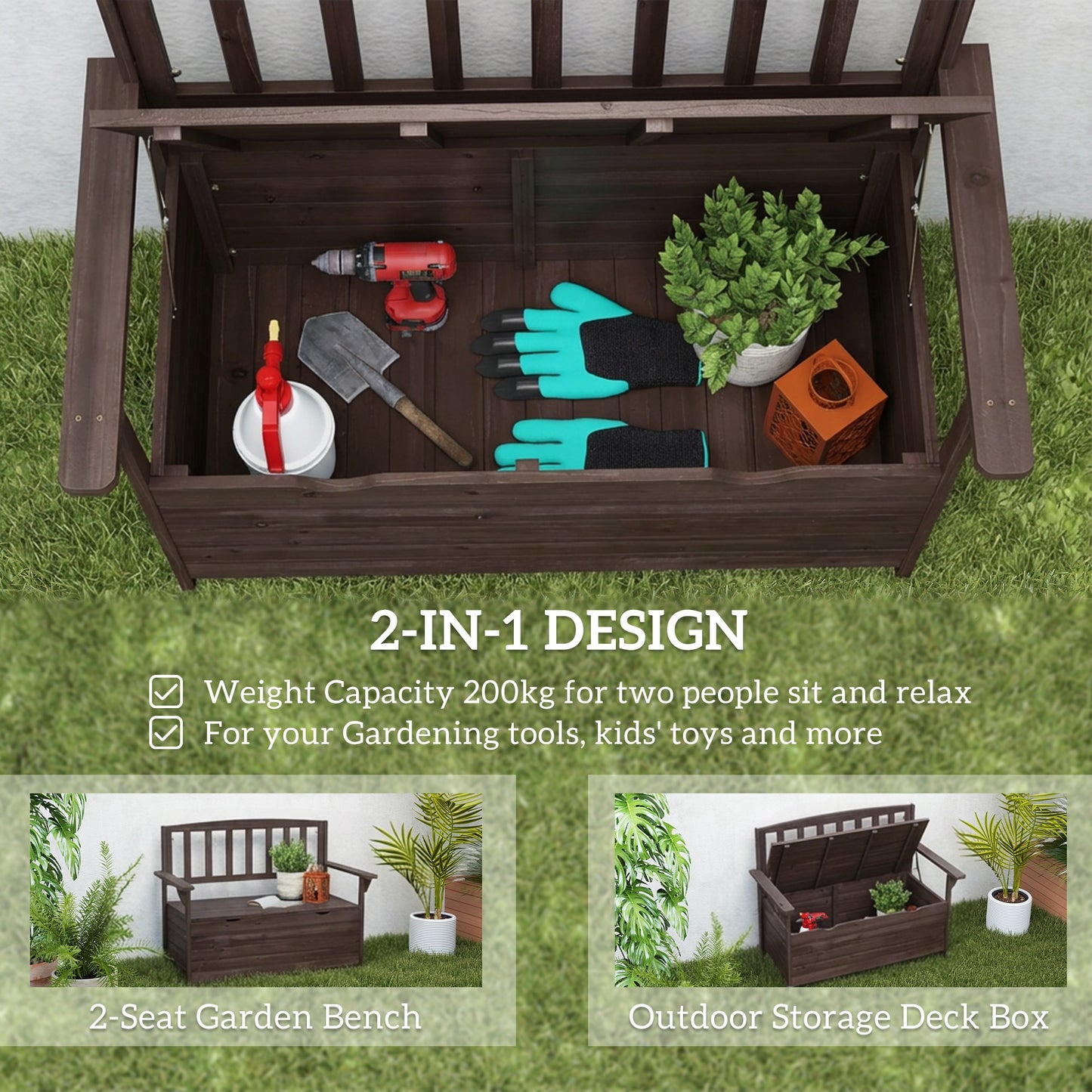Outdoor 2 Seater Garden Bench, Garden Storage Bench with Backrest