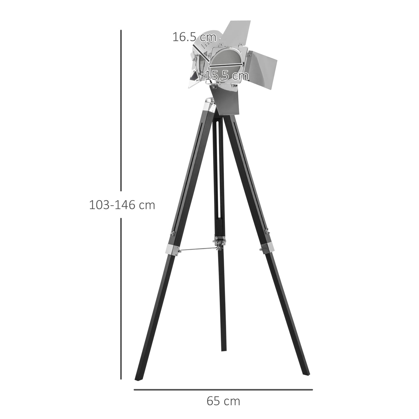 Industrial Tripod Floor Lamp, Nautical Cinema Standing Spotwith Wood Legs and Adjustable Height for Living, Bedroom, Black and Silver