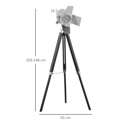 Industrial Tripod Floor Lamp, Nautical Cinema Standing Spotwith Wood Legs and Adjustable Height for Living, Bedroom, Black and Silver