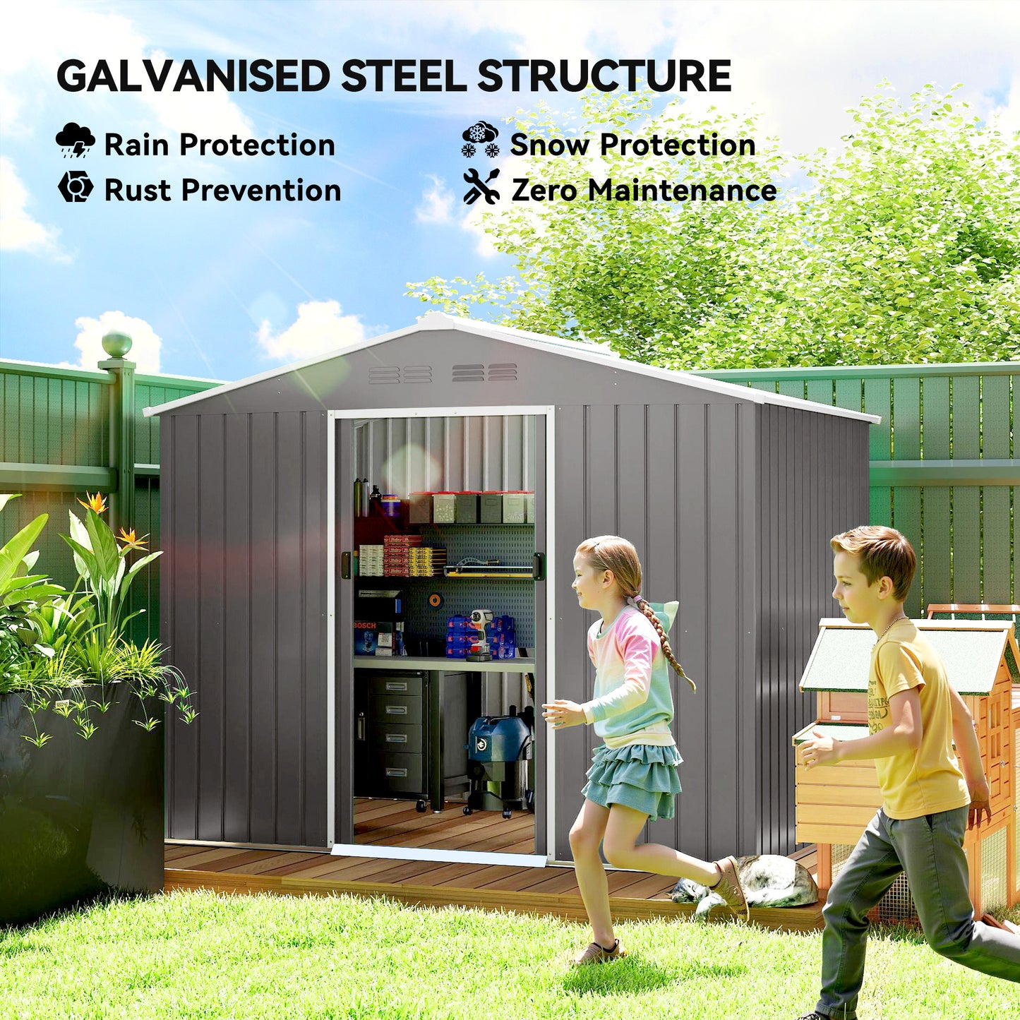 8 x 6ft Garden Storage Shed with Double Door, Light Grey