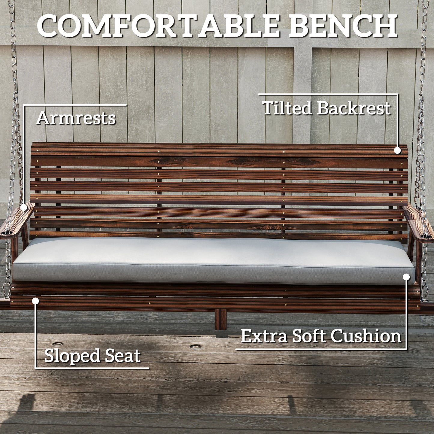 3 Seater Wooden Garden Swing Seat Chair with Side Trays and Cushion