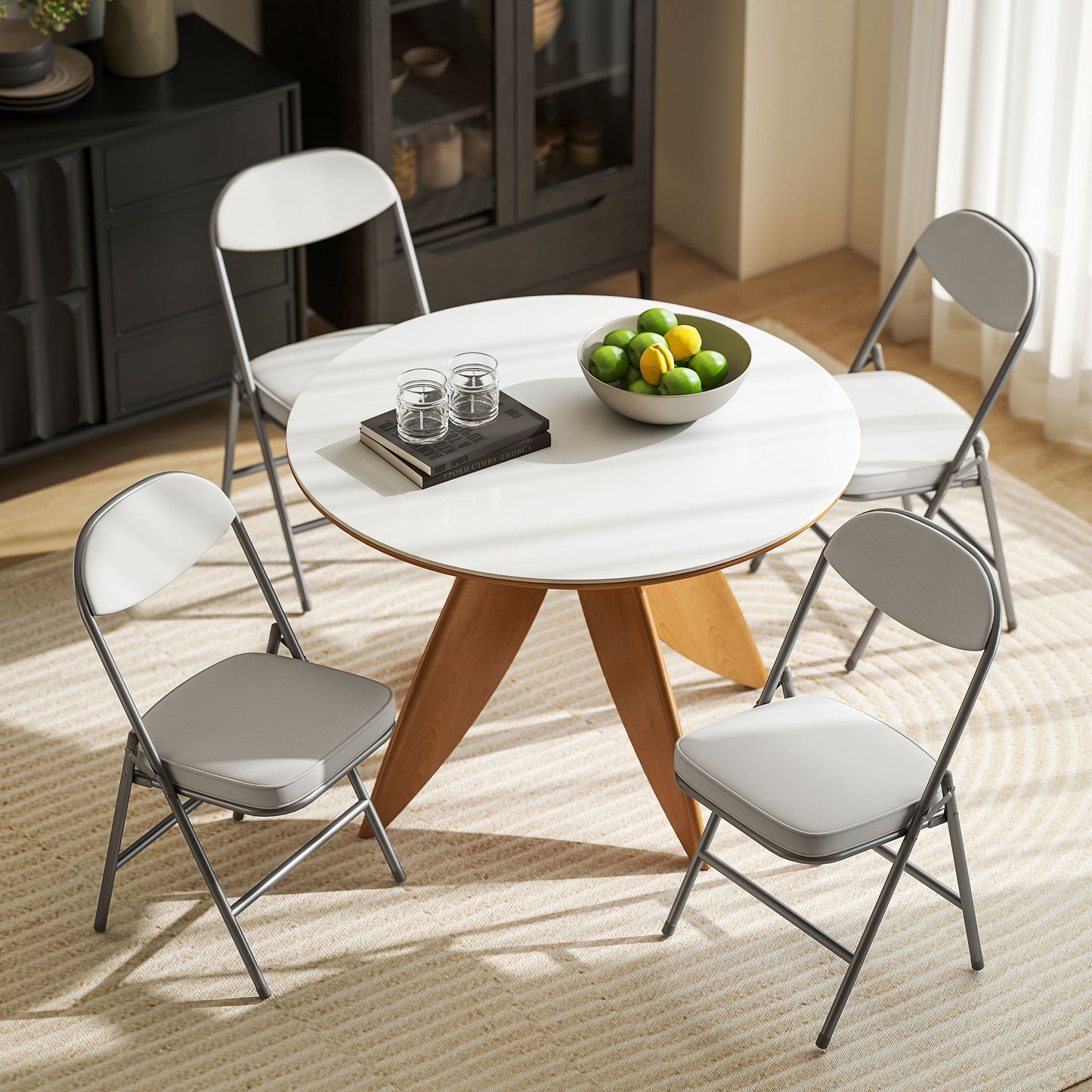 Folding Chairs Set of 4 with Cushioned Seat, Steel Frame, Off-White