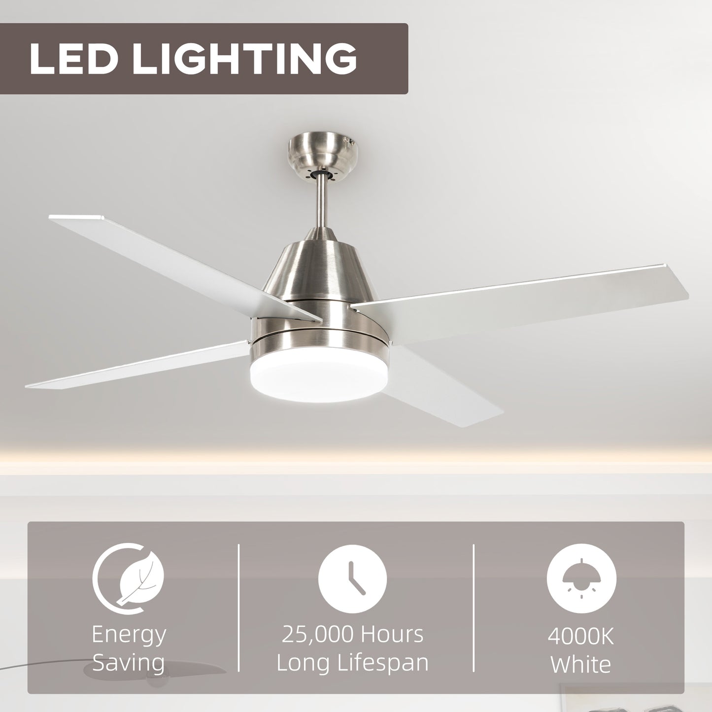 Mounting Reversible Ceiling Fan with Light, Remote, Silver & Black