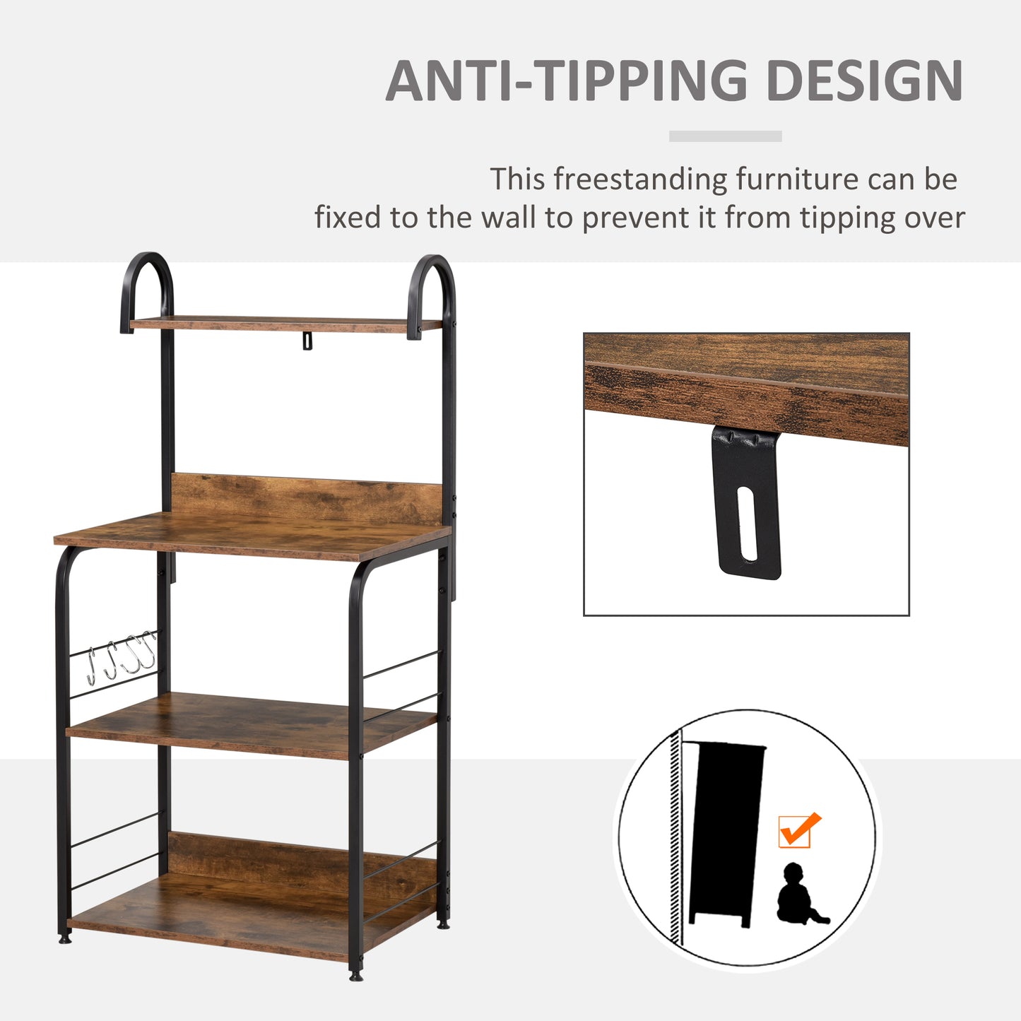 4-Tier Baker's Rack with Storage, Microwave Stand with 4 Hooks