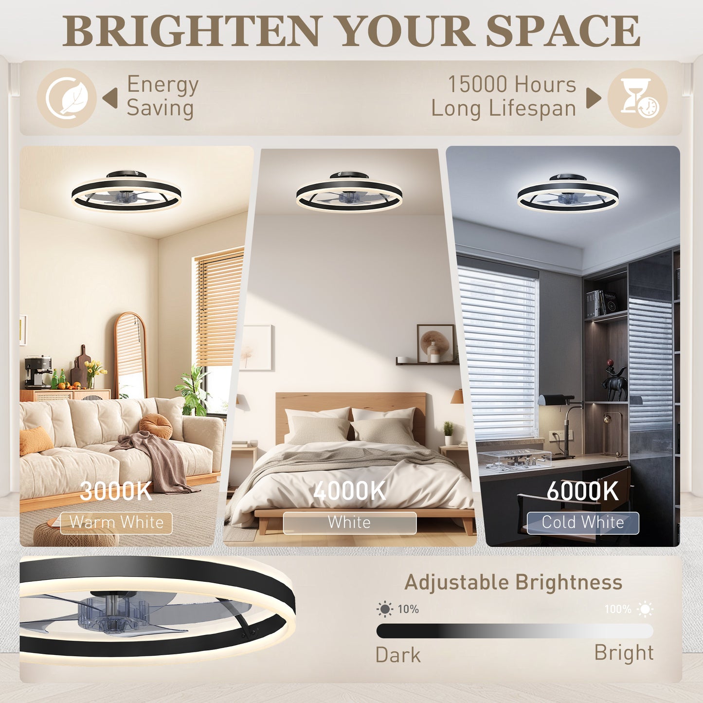 Ceiling Fan with Light and Remote, 3 Colour Temperatures, 50cm, Black