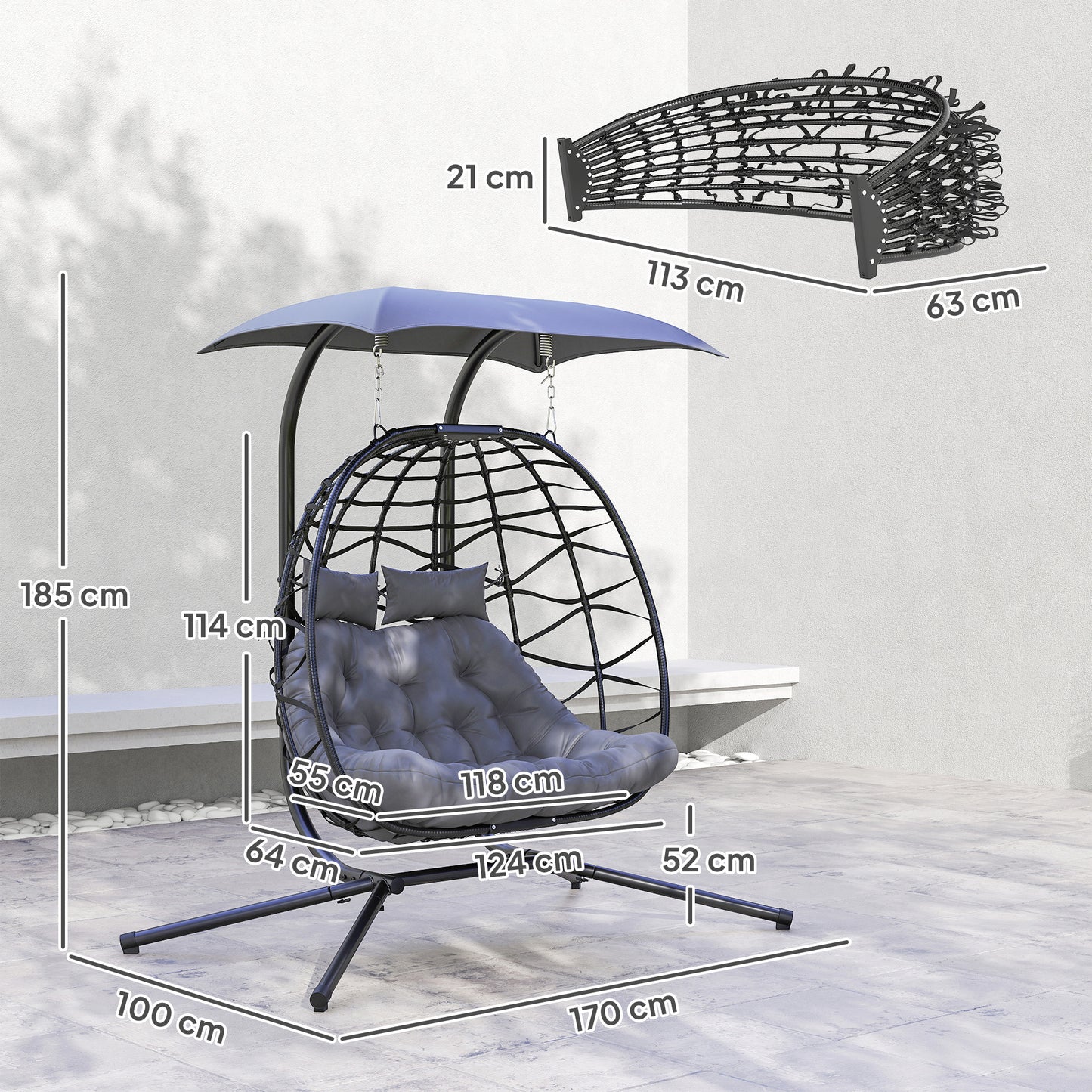 Rattan Double Hanging Egg Chair with Canopy, Cushion, Black