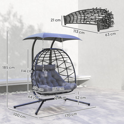Rattan Double Hanging Egg Chair with Canopy, Cushion, Black