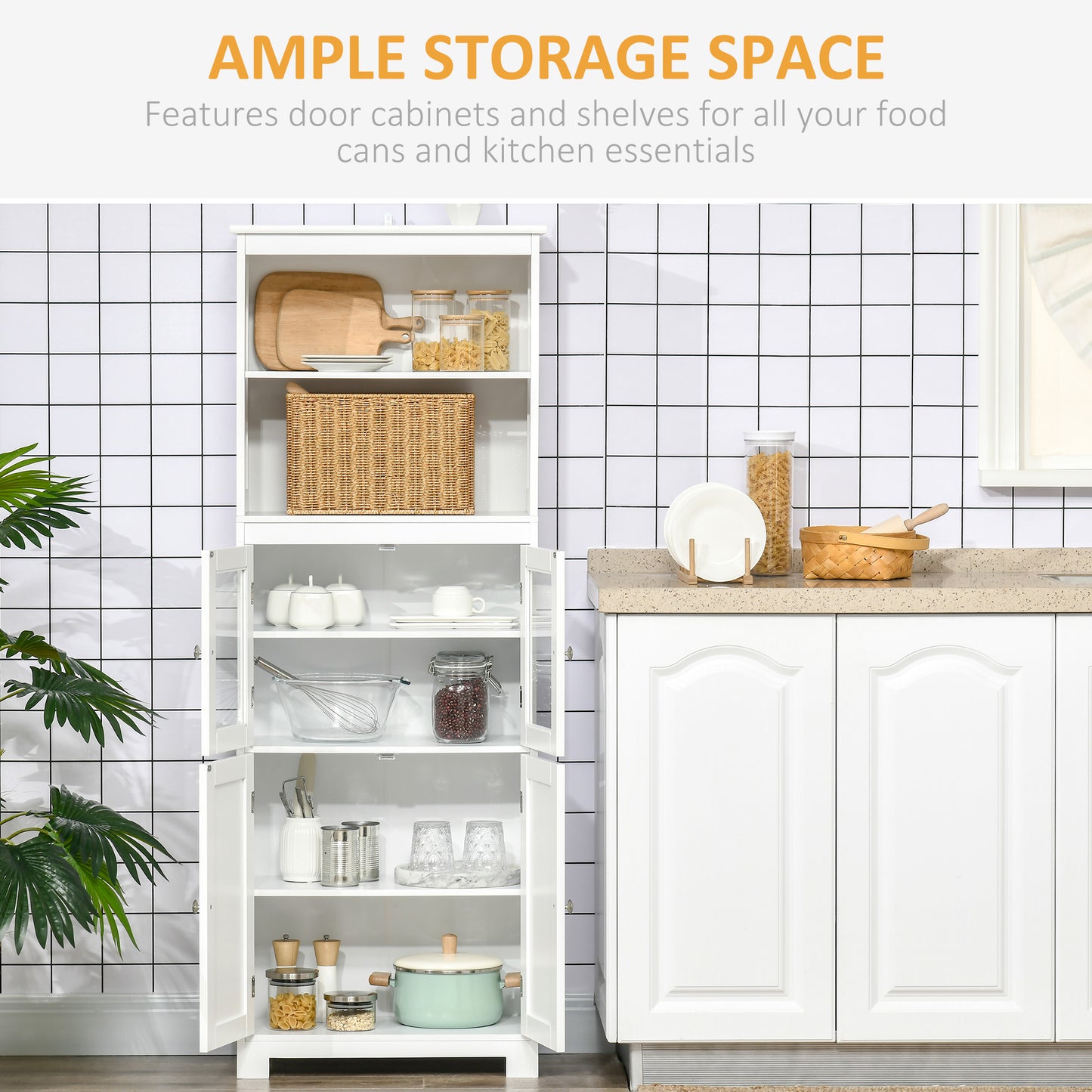 Kitchen Cupboard Storage Cabinet Adjustable Shelves, Glass Doors, White